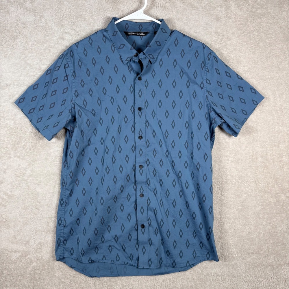 TravisMathew Button Down Mens Medium Blue Diamond Print Short Sleeve Shirt